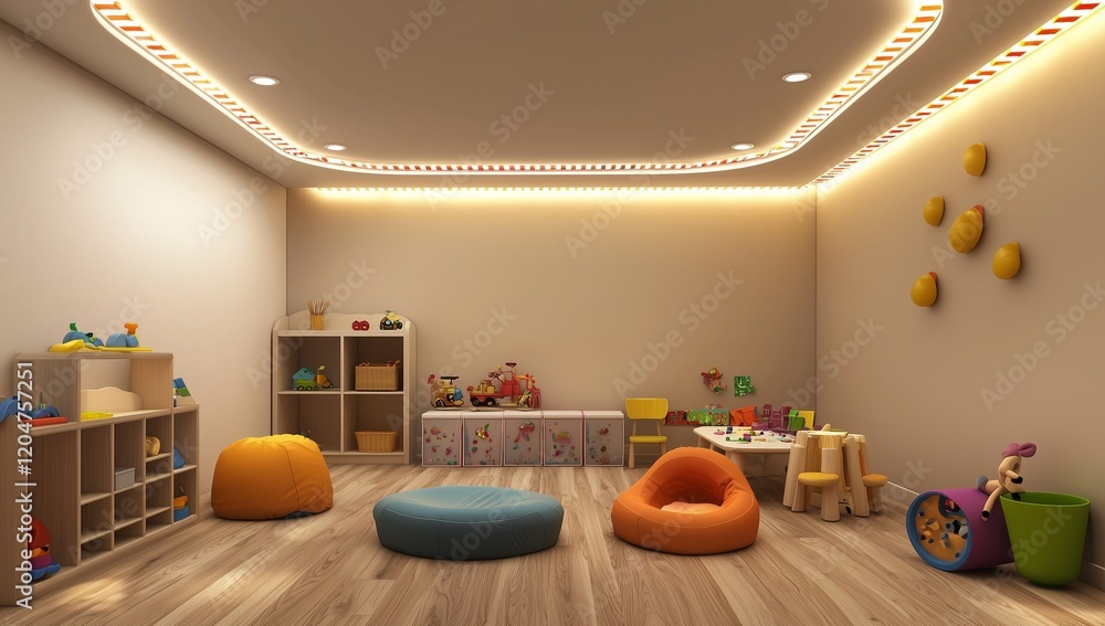 Playroom 3D model with minimalist design and functional children's furniture.