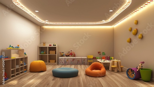Playroom 3D model with minimalist design and functional children's furniture.