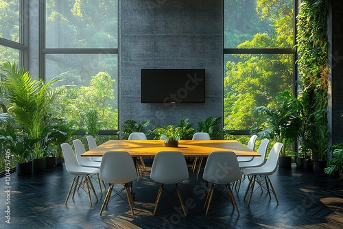 Modern meeting room with large windows overlooking lush greenery. Sunlight streams in, illuminating a wooden table and white chairs. photo