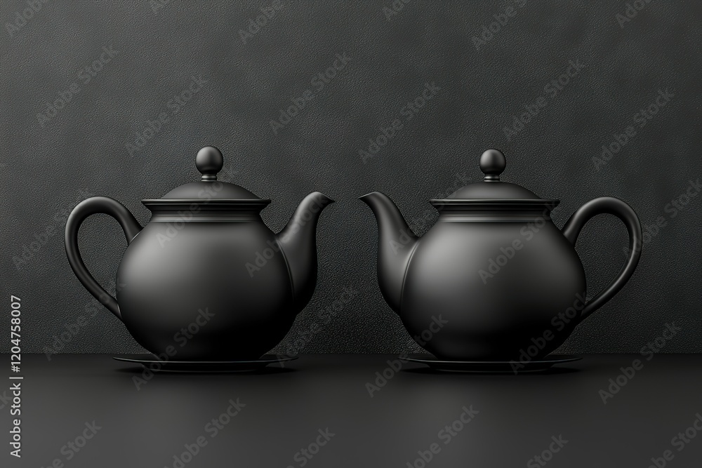 Two sleek black teapots on a dark surface. Minimalist design, perfect for a sophisticated setting. Two sleek black teapots on a dark surface. Minimalist design, perfect for a sophisticated setting.