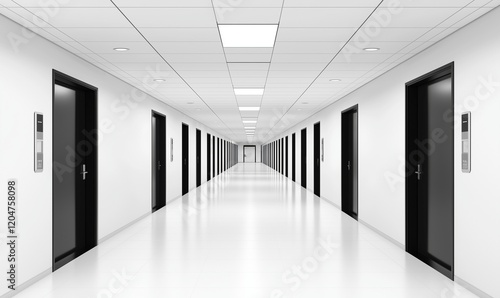 Obraz na płótnie Long white corridor, minimal design, black side doors. w salonie
