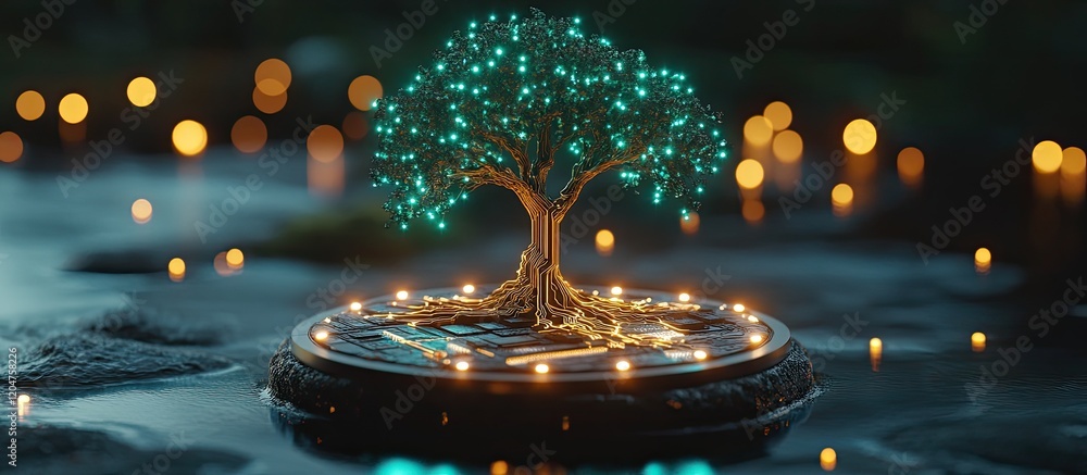 Illuminated Technological Tree In A Dark Setting Illuminated Technological Tree In A Dark Setting