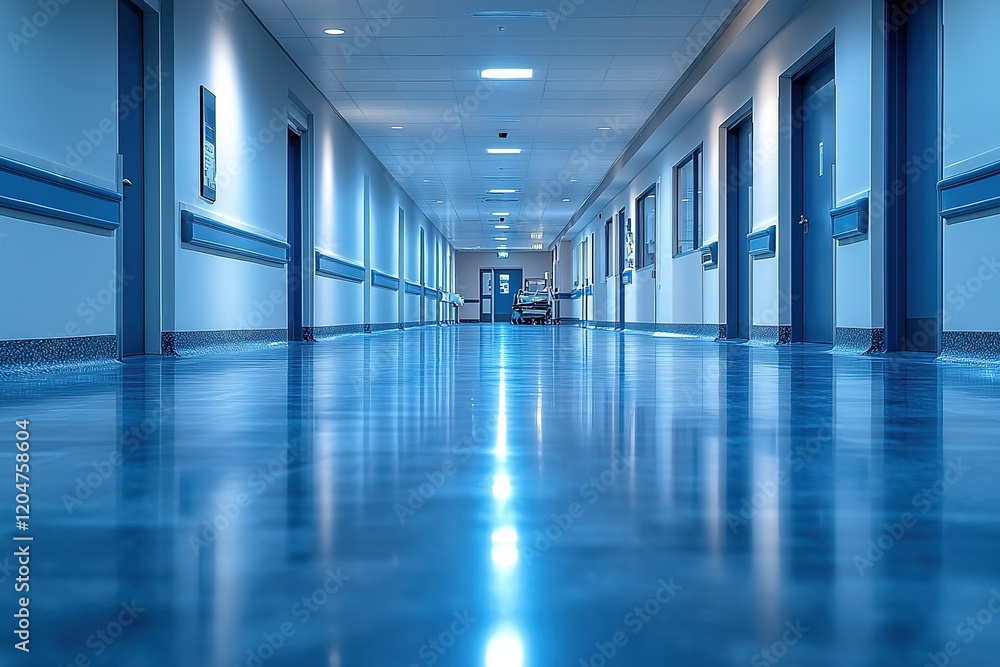 Obraz premium Long, empty hospital corridor with shiny floor. Clean and sterile environment.