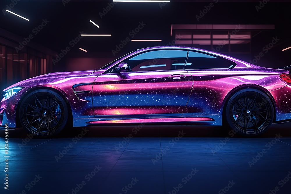 Fototapeta premium Sparkling sports car in a modern garage. A vibrant, purple and blue metallic finish shimmers under the lights.