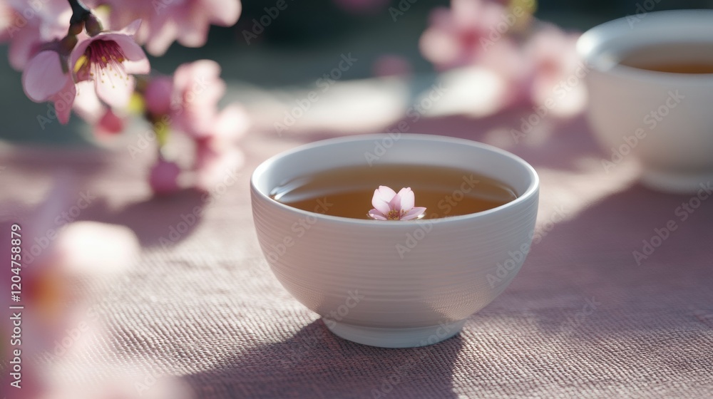 Aesthetic experience of cherry blossom tea ceremony in a tranquil natural light setting Aesthetic experience of cherry blossom tea ceremony in a tranquil natural light setting