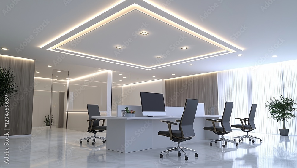 Minimalist 3D workspace with modern ceiling, sleek desk, and ergonomic chairs.
