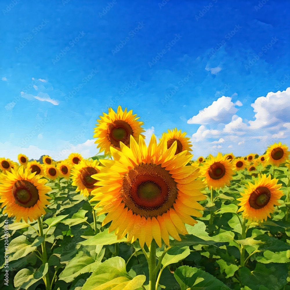 Fototapeta premium Vibrant Sunflower Field Under Bright Blue Sky and Fluffy Clouds