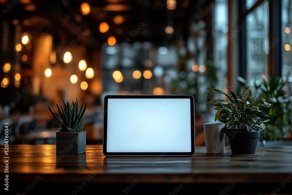Tablet on wooden desk with plants, cozy cafe ambiance. Tablet on wooden desk with plants, cozy cafe ambiance.