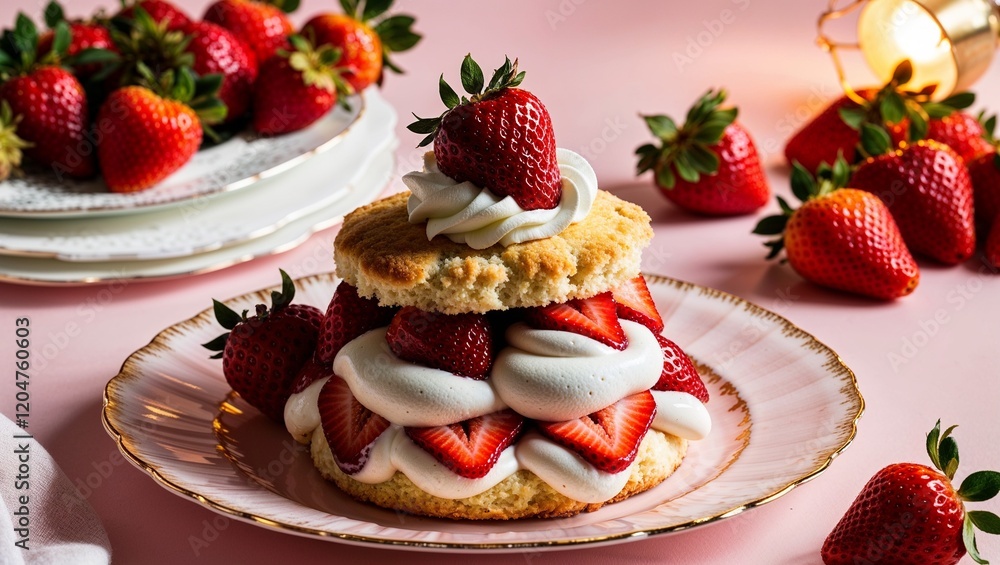 Strawberry shortcake arranged beautifully with fresh strawberries. Strawberry shortcake arranged beautifully with fresh strawberries.