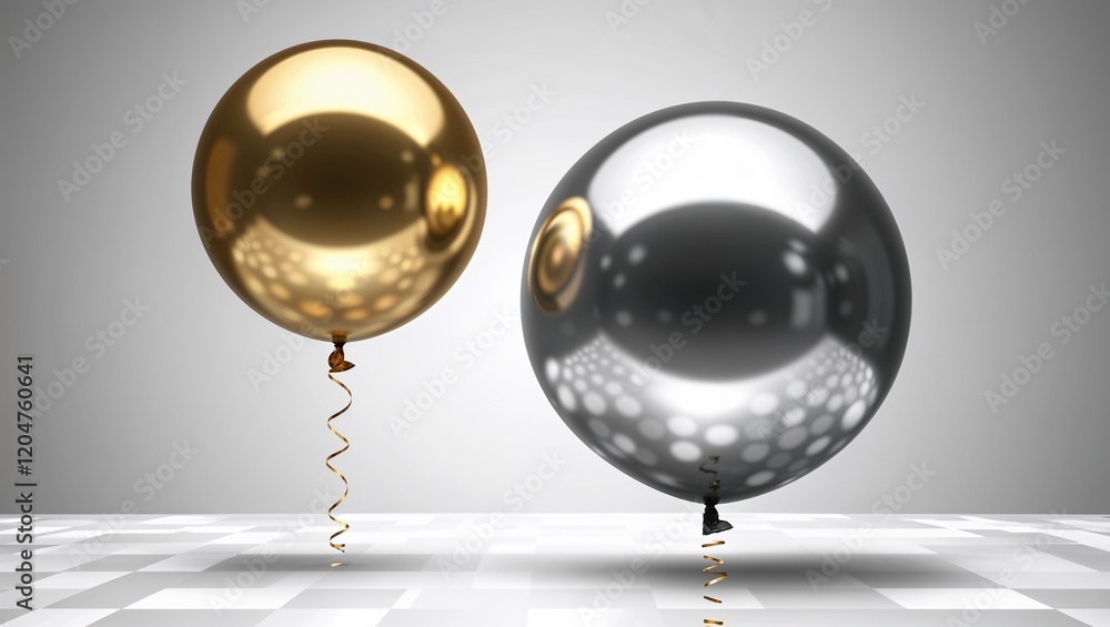 Two reflective balloons in gold and silver add elegance and charm. Two reflective balloons in gold and silver add elegance and charm.