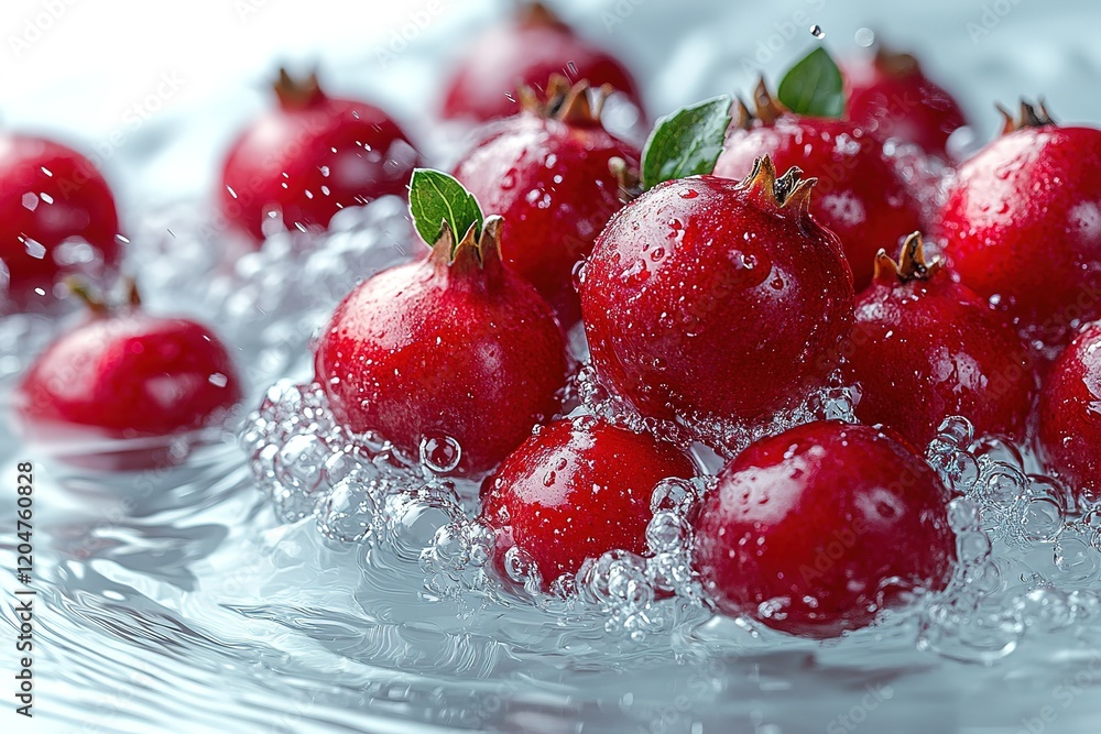 Juicy pomegranates splashing in water, fresh and vibrant. Juicy pomegranates splashing in water, fresh and vibrant.