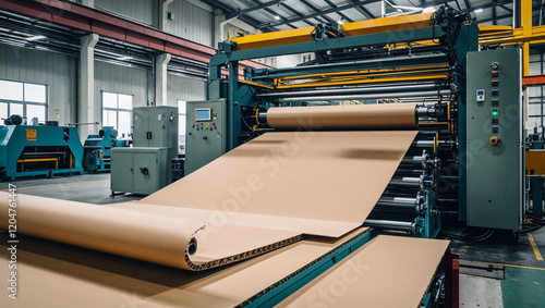  Large roll of cardboard is seen in an industrial factory, showcasing modern manufacturing processes and machinery. The scene highlights the production environment and workflow efficiency