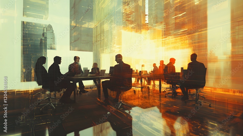 Fototapeta premium Silhouetted Businesspeople Meeting in Modern Cityscape Office