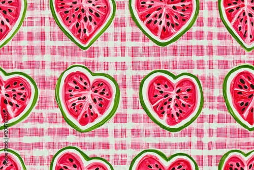 Vibrant Watermelon Heart Pattern on Pink Background, Whimsical and Playful Design Ideal for Summer, Food Themes, or Celebration Projects