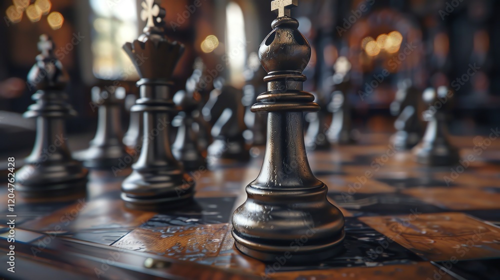 3D rendering of a chessboard with black pieces. The focus is on the bishop in the front. The background is blurred with a warm light.