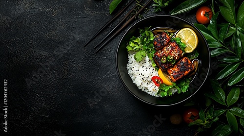 Grilled salmon teriyaki rice bowl with lemon and greens.