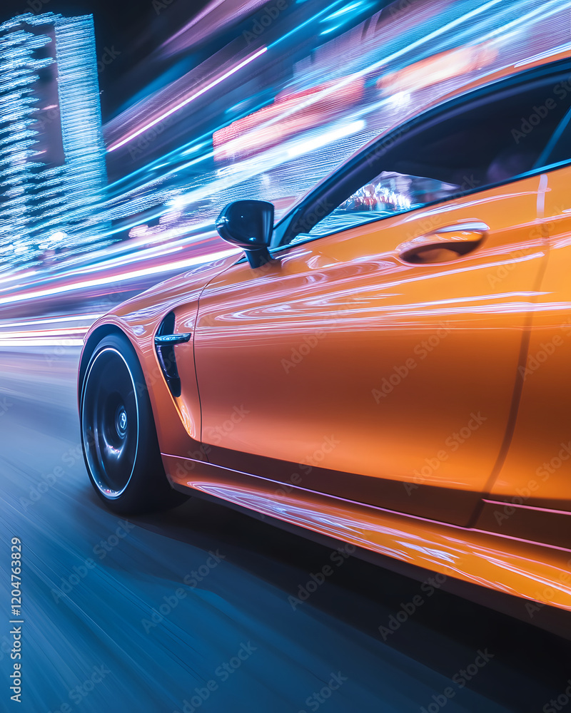 Orange Sports Car in Motion at Night Orange Sports Car in Motion at Night