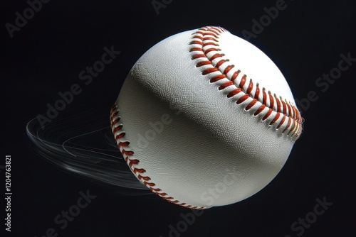Baseball in mid-flight against a black backdrop.  Detailed stitching and spinning motion blur are visible under studio lighting.  A classic image.