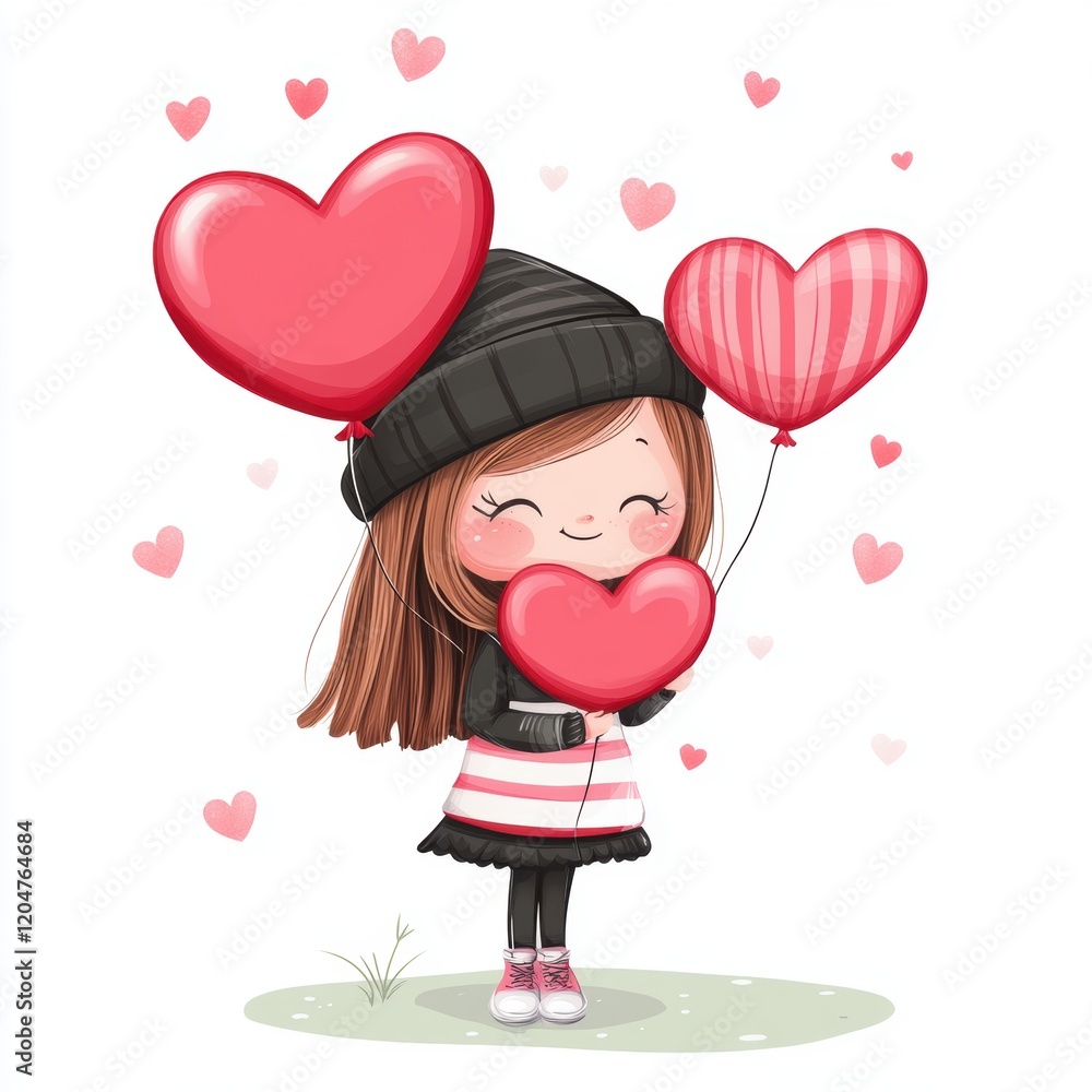 Cute beautiful girl with red heart balloon for Valentine’s Day greeting card design Cute beautiful girl with red heart balloon for Valentine’s Day greeting card design