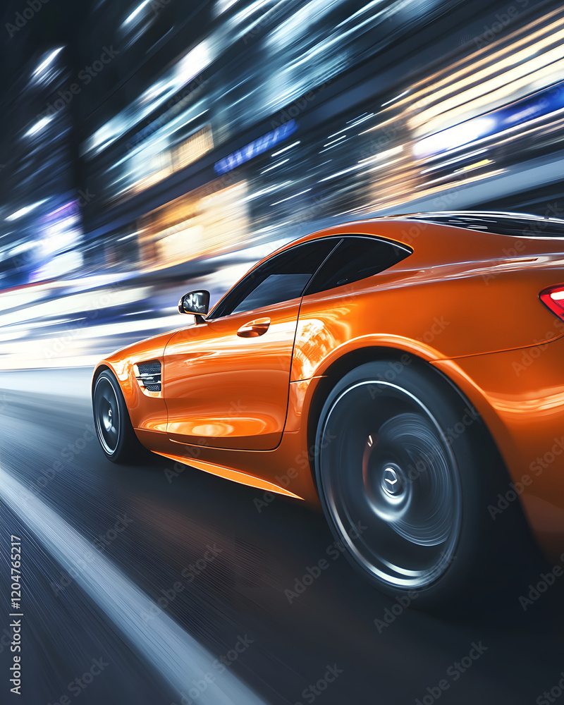 Orange Sports Coupe Driving at Night in City Orange Sports Coupe Driving at Night in City