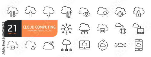Set of line icons related to cloud computing, technology, cloud services, server, cyber security and more. Outline icons collection. Editable stroke. Vector illustration.