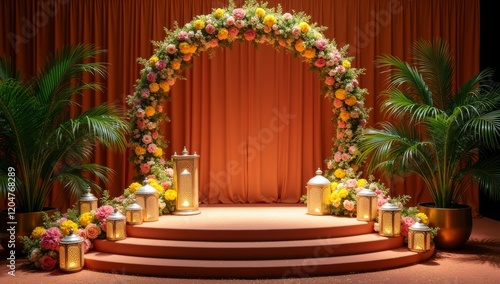 A decoration of simple podium with golden lanterns and flowers 