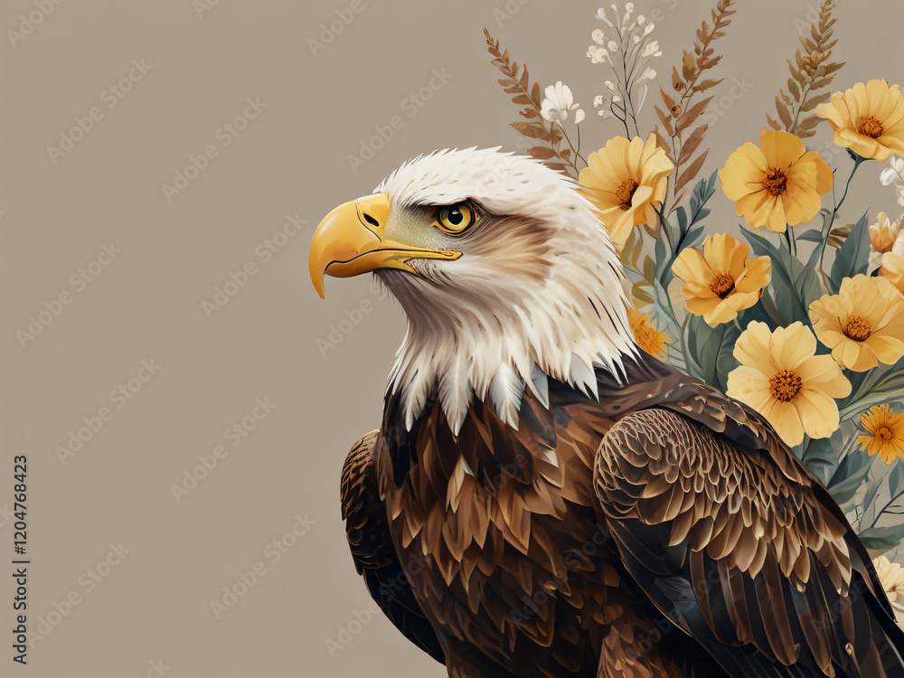 Obraz premium The eagle and yellow flowers are central in this illustration.