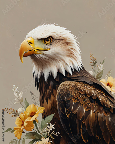 This illustration features an eagle with yellow flowers. photo