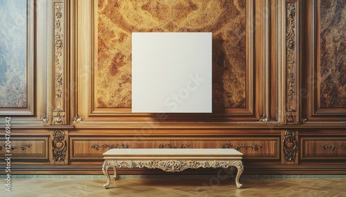Spacious art area showcasing a blank canvas on wood-paneled walls with a stylish bench below.