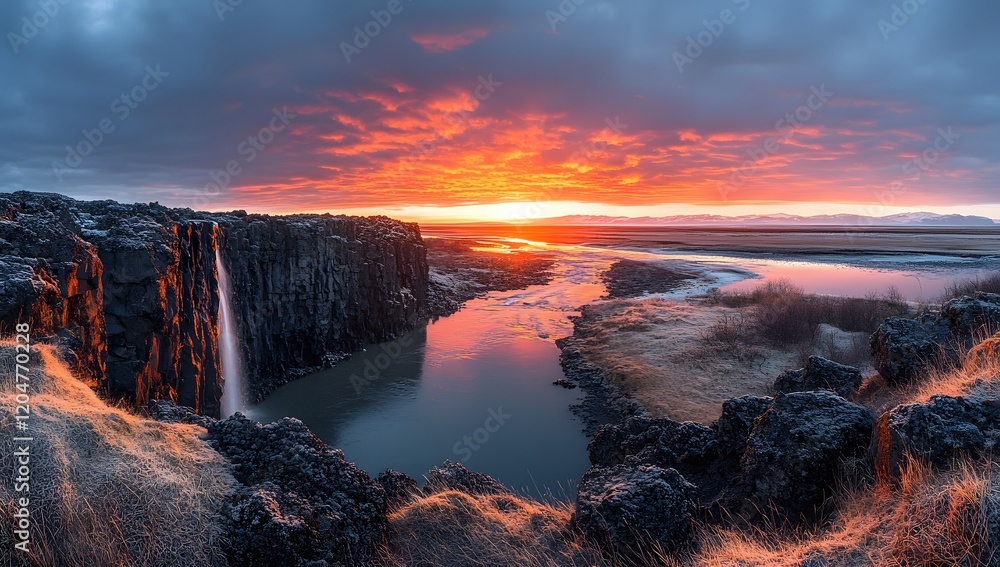 Fototapeta premium Icelandic Waterfall Sunset Dramatic Landscape Scene