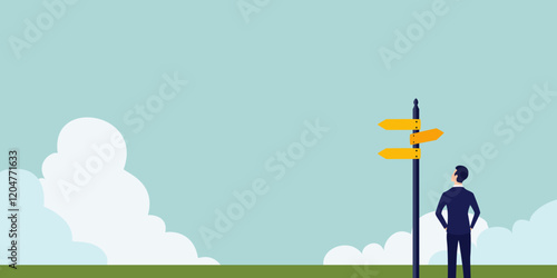A figure stands thoughtfully at a vibrant signpost with multiple arrows, reflecting on various paths and possibilities, The backdrop suggests a contemporary, minimalistic setting in vector style
