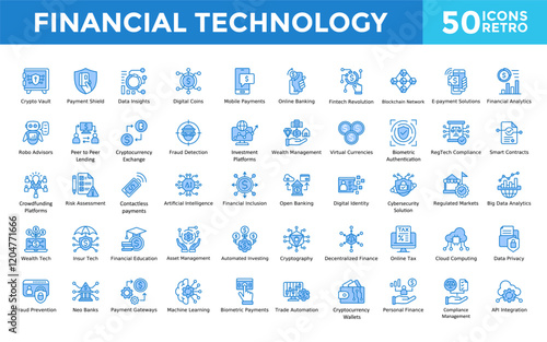 Financial Technology icon set with crypto vault, payment shield, data insights, digital coins, mobile payments, online banking, fintech revolution icon. Simple retro vector 
