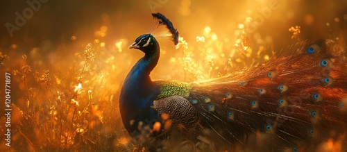 Majestic peacock in a golden field at sunset.