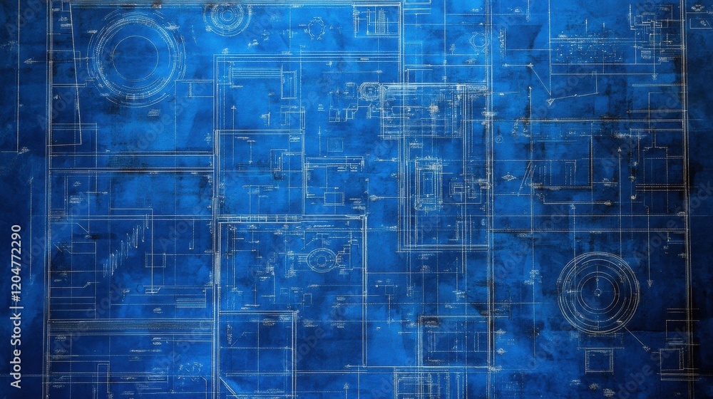 Obraz premium Detailed Architectural Blueprint, Complex Building Design, Engineering Drawing