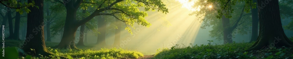 Fototapeta premium Misty forest with sunlight filtering through leafy branches, leaves, foliage