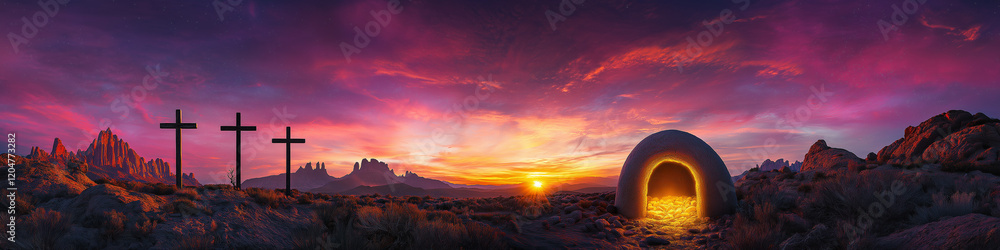 Breathtaking Easter Scene of Empty Tomb with Golden Glow and Three Crosses Against a Vibrant Sunrise Sky
Breathtaking Easter Scene of Empty Tomb with Golden Glow and Three Crosses Against a Vibrant Sunrise Sky