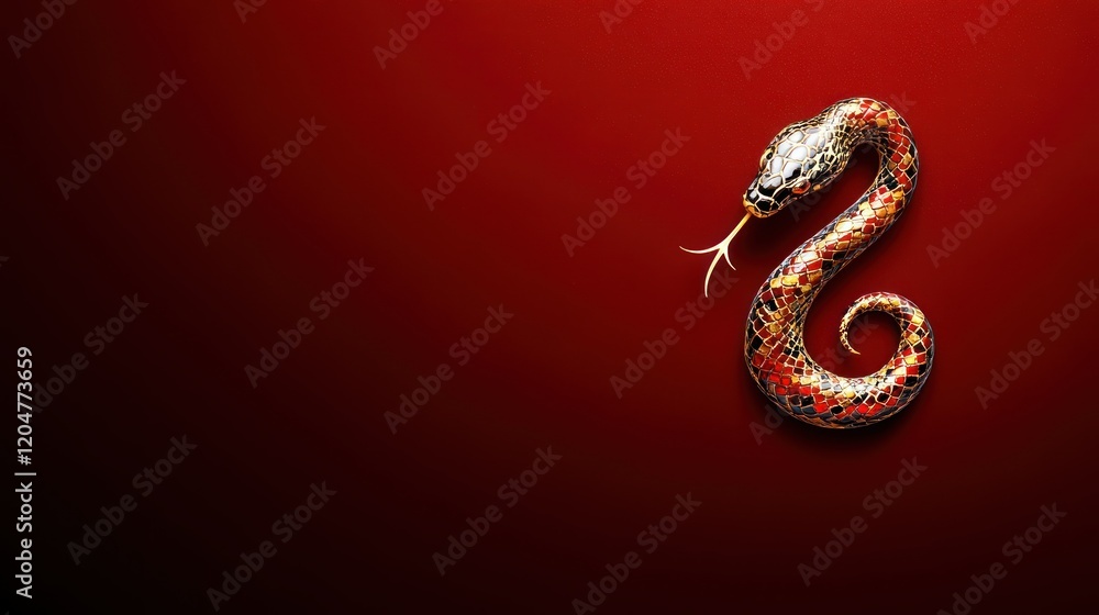 Obraz premium Gold Snake Design on Red Background: Celebrating Lunar New Year with Elegance and Prosperity