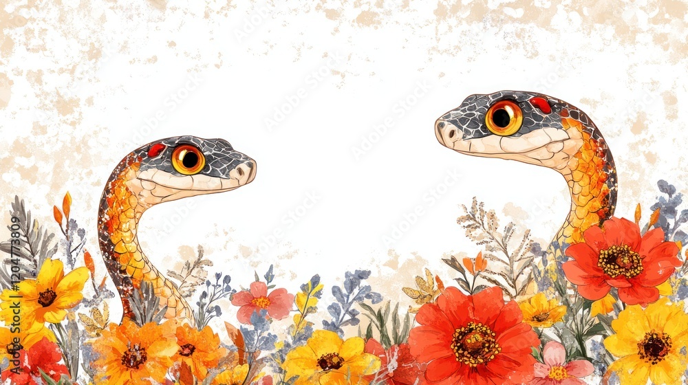 Obraz premium Happy Chinese New Year with Cartoon Zodiac Snake and Flowers Background - Cute Greeting Card Illustration