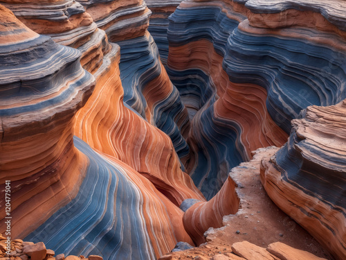 Stunning layered sandstone formations with vibrant orange and blue hues, showcasing intricate natural patterns in a canyon setting. photo