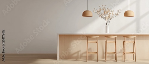 Minimalist Kitchen Island with Wooden Bar Stools and Pendant Lights