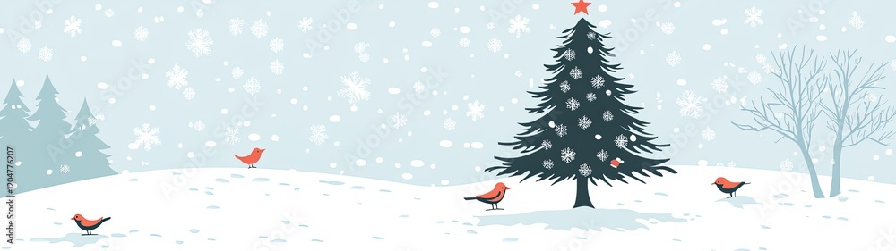 Naklejka premium Winter Wonderland Scene with Christmas Tree and Birds