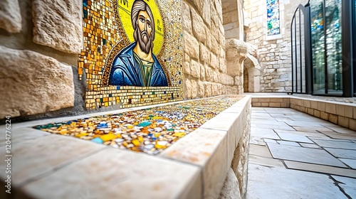 mosaic jesus icon & stone bench - religious/spiritual imagery: the .
