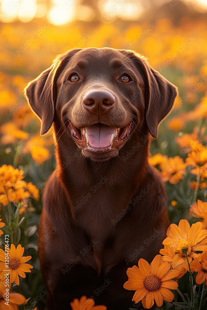 Happy Labrador Retriever Sitting in Vibrant Flower Field at Golden Hour with Soft Focus Happy Labrador Retriever Sitting in Vibrant Flower Field at Golden Hour with Soft Focus