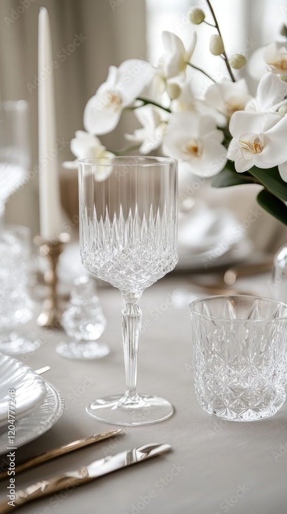A beautifully arranged dining table showcases exquisite crystal glassware and a delicate floral centerpiece of white orchids. The setting is perfect for a refined gathering during a special occasion A beautifully arranged dining table showcases exquisite crystal glassware and a delicate floral centerpiece of white orchids. The setting is perfect for a refined gathering during a special occasion