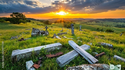 sunset over rural hilltop cemetery - golden hour photography