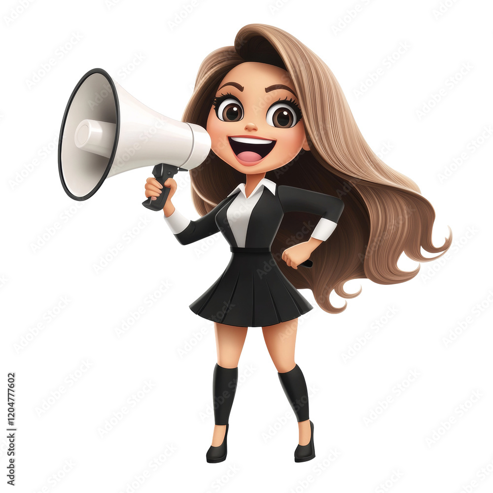 A cheerful cartoon girl with long brown hair is making an announcement using a megaphone while wearing a school uniform. A cheerful cartoon girl with long brown hair is making an announcement using a megaphone while wearing a school uniform.