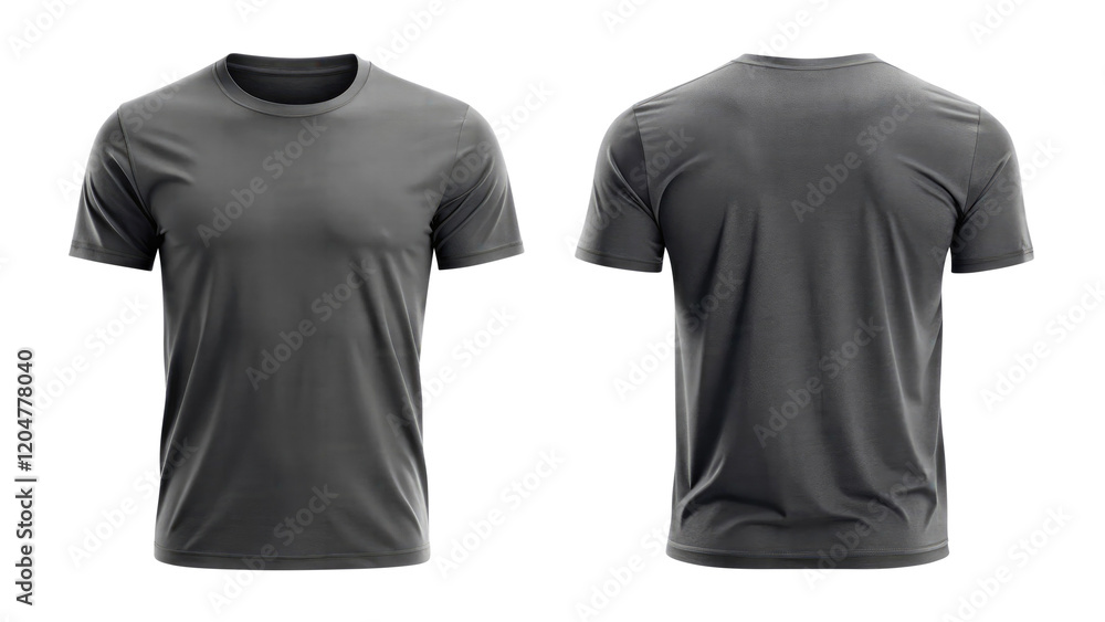 dark gray t shirt round neck template from two sides isolated on transparent white background, clipping path