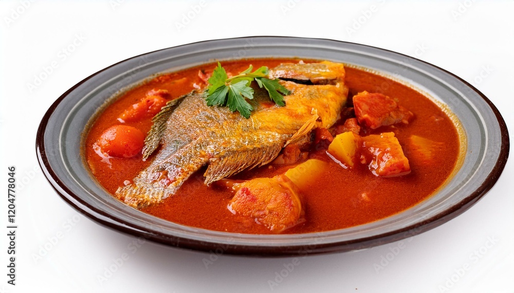A delicious plate of fish stew, simmered in a rich tomato broth. A delicious plate of fish stew, simmered in a rich tomato broth.