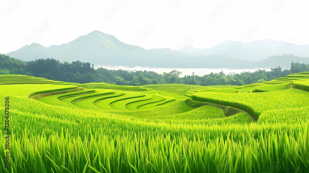 Naklejka premium Lush Green Rice Terraces in a Scenic Landscape with Mountains in the Background, Capturing the Beauty of Nature and Agriculture in a Serene Environment