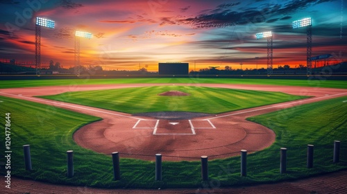 Wallpaper Mural Sunset paints a dramatic sky above a pristine baseball field.  Empty diamond bathed in cinematic light.  Professional stadium at twilight. Torontodigital.ca